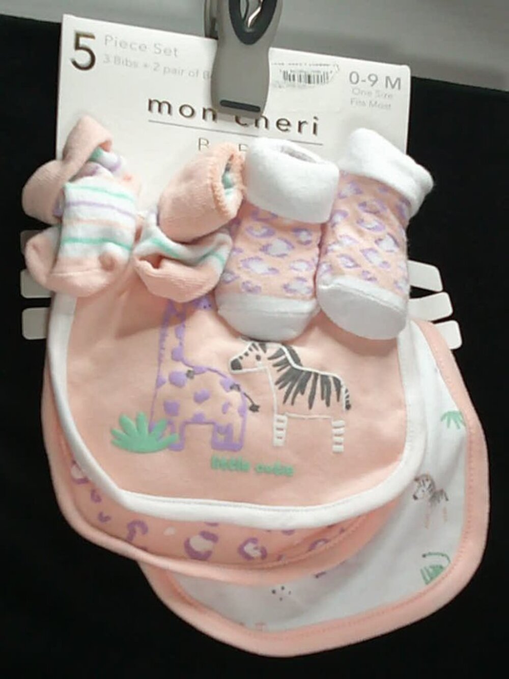 5-piece infant set 0-9 months bibs booties pink animal print new with tags